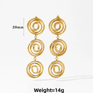 Detailed view of triple spiral gold drop earrings with 20mm diameter measurement