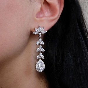 Copper Zirconia Long Tassel Drop Earrings For Women Elegant Silver Color Pear Shape Teardrop Dangle Earrings Wedding Jewelry Gift