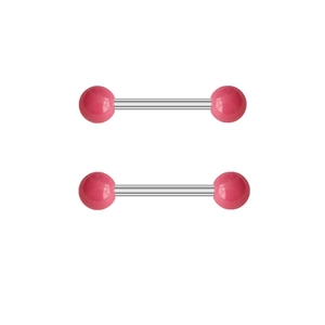 Detail view of pink acrylic bead nipple rings with polished stainless steel barbells