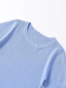 Close-up of the fine knit texture and neckline seams on this light blue short sleeve tee