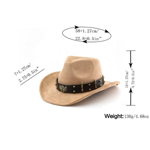 Detail showing dimensions of beige suede cowboy hat with eagle crest and studs