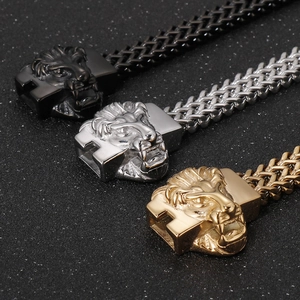 Détail de breloques tête de lion en or, argent et noir pour bracelets pour hommes
