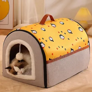 Warm Pet Bed House Semi Enclosed Plush Winter Cat Nest With Cartoon Print And Anti Slip Bottom For Small Dogs