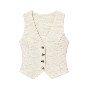 Ensemble gilet en tweed blanc crème pour femme avec tissu texturé et boutons dorés