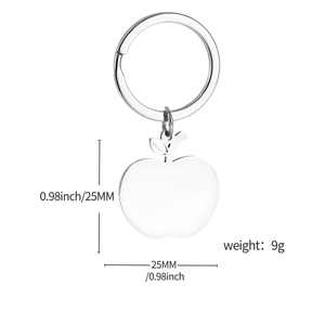 Detail view of apple-shaped stainless steel keychain with size 25mm and weight 9g specs