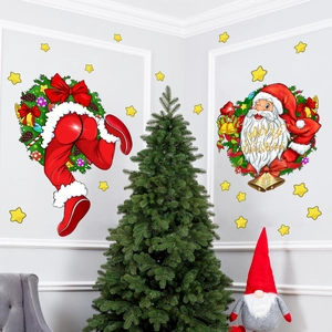 Détail de stickers muraux Père Noël festifs avec lettrage doré Merry Christmas