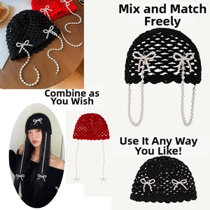 Detailed knit mesh hat with faux pearl bow pendant and elegant long pearl chain tassel