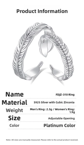 Specifications of adjustable S925 silver feather rings for couples with CZ stones