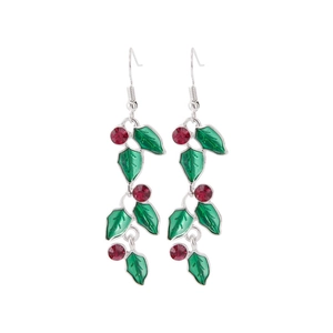 Christmas holly leaf drop earrings with green enamel and red rhinestones on white background