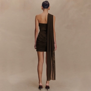 Sexy dark brown one-shoulder mini dress with long side streamer and back ruching detail