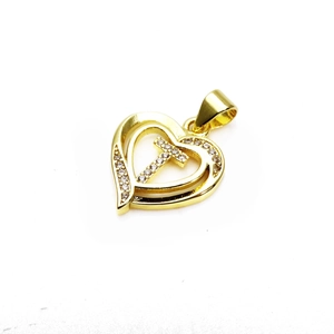Detailed close-up of golden heart-shaped pendant with cross and cubic zirconia stones