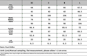 Detailed size chart for elegant chiffon blouse showing measurements for sizes XS to L
