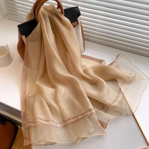 Satin Wool Blend Long Scarf Shawl Thin Lightweight Solid Color Gold Silver Threads Elegant Sun Protection Fashion For Women
