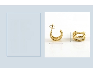 Detail view of gold tiered earrings with textured finish and precise dimension marks