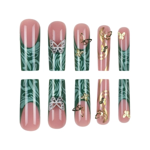 French green marble long square press-on nails with golden butterflies and 3D rhinestones