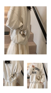 Three lifestyle shots of models wearing the silver heart-shaped diamond-cut chain bag