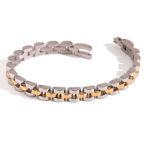 Polished two-tone 18K gold plated stainless steel bracelet with classic link strap design