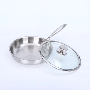 Close-up of a premium tri-ply stainless steel frying pan with a clear glass lid and handle