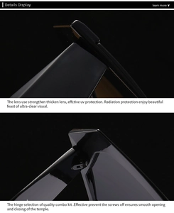 Detail of high-gloss black sunglasses showing metal hinges and thick UV protection lenses