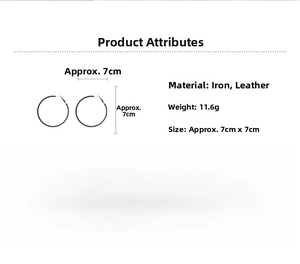 Size chart for 7cm large leather-wrapped iron hoop earrings showing diameter and weight