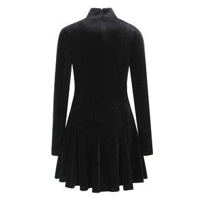 Back view of a black velvet long sleeve high neck mini dress with slim fit A-line silhouette