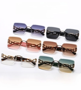 Detailed grid of rimless square sunglasses featuring gradient lenses and metal chain temples