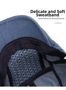 Detail view of denim beret featuring a black cotton sweatband and breathable mesh lining