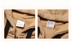 Dettaglio dell'etichetta di lavaggio di una felpa color cammello con taglia L e poliestere