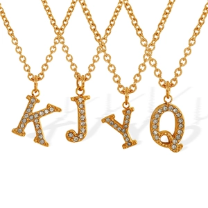 Elegant gold titanium steel alphabet necklaces with sparkling crystal inlaid K J Y Q pendants