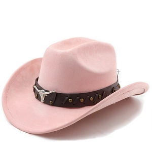 Close-up of pink faux suede cowboy hat with brown studded band and silver bull head detail