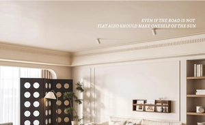 Modern white ceiling spotlights mounted on a minimalist beige wall with elegant moldings