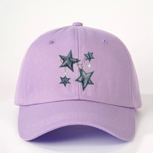 Light purple baseball cap with blue star patches and fine metal chain detailing