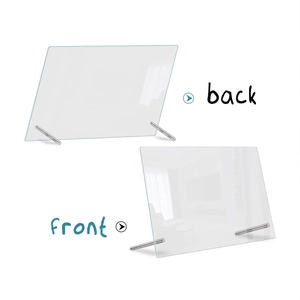 Front and back views of a clear acrylic weekly planner board with metal support feet