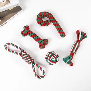 5-piece Christmas dog cotton rope toy set with red, green, and white holiday colors