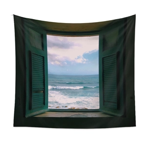 Bohemian wall tapestry featuring a realistic ocean window view with vintage shutters