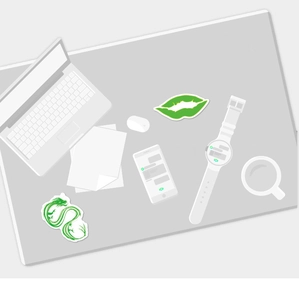 Flat lay illustration showing VSCO stickers on a laptop and office desk accessories