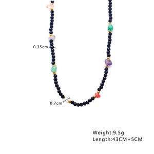 Detail view of colorful beaded necklace with length and weight measurements specifications