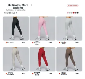 High-waist yoga leggings shown in six colors: black, pink, grey, brown, red, and stone