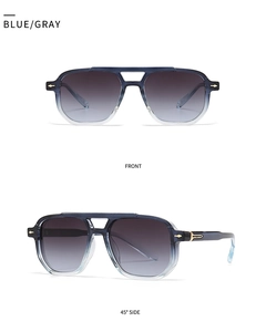 Front and side view of blue-gray gradient pilot sunglasses with gold rivets
