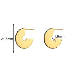 Polished gold earrings with green zircon stones and precise 21.6mm height dimension