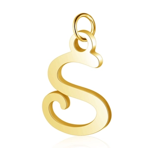 Detailed view of a gold-plated stainless steel letter S pendant with a polished finish