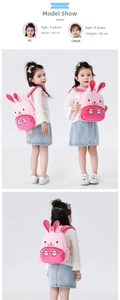 Detailed view of pink plush bunny backpack with heart nose and cartoon paw zipper pocket