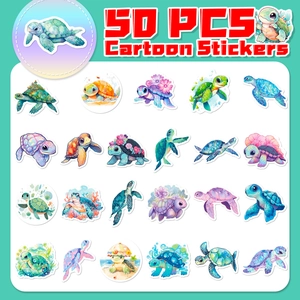 Detailed grid view showing 50 high-quality colorful watercolor cartoon turtle stickers