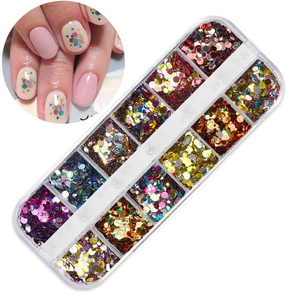 Detailed view of 12-color nail art glitter sequins set in a clear plastic storage box