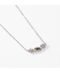 Detail of silver S925 necklace featuring colorful geometric zircon square gemstones