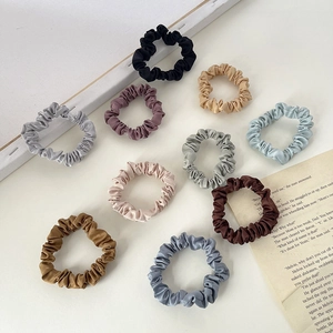 Set of 10 multi-colored satin hair scrunchies with elegant glossy silk texture