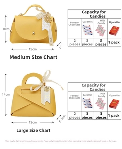 Size guide for leather wedding favor bags showing dimensions and candy capacity details