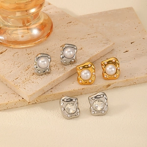 Irregular Lava Stud Earrings Stainless Steel 18K Gold Plated Zircon Faux Artificial Pearl Vintage Light Luxury Style For Women