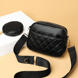 Quilted Crossbody Bag For Women PU Leather Wide Strap Round Coin Purse Fashion Small Square Shoulder Handbag