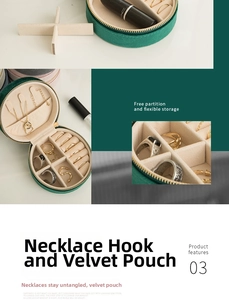 Detailed view of dark green velvet jewelry box with necklace hooks and ring slots